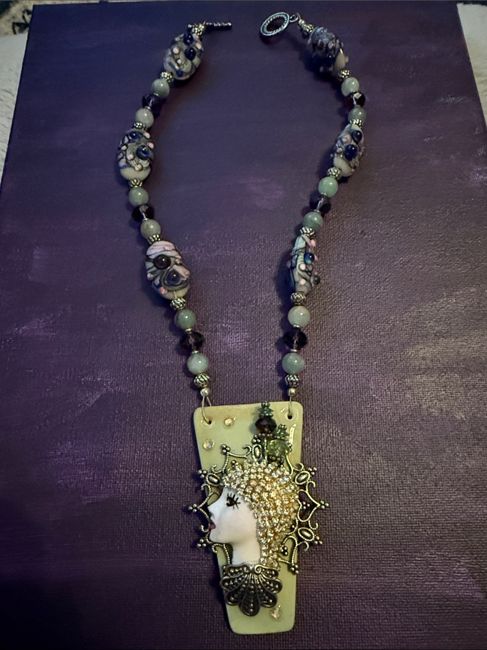 Purple & Gold Portrait Pendant Beaded Necklace